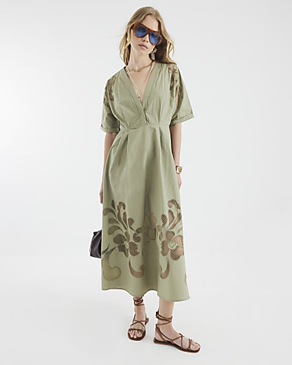 Khaki Short Sleeve Cutwork Midi Dress