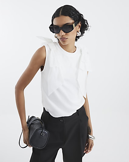 White Sleeveless Bow Tank Top