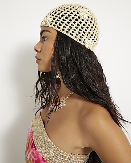 Cream Seashell Crochet Skull Cap