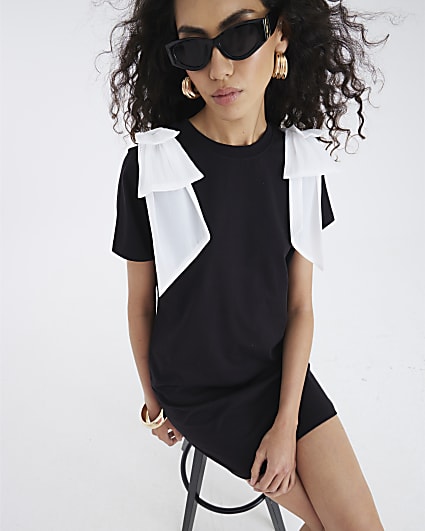 Black Short Sleeve Bow Mini Dress