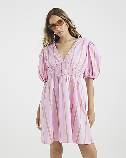 Pink Short Sleeve Stripe Mini Dress