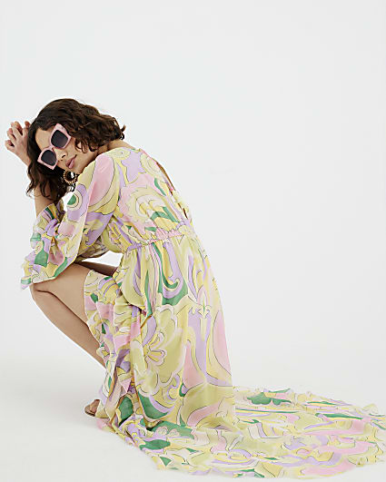 Yellow Floral Swirl Plunge Maxi Dress