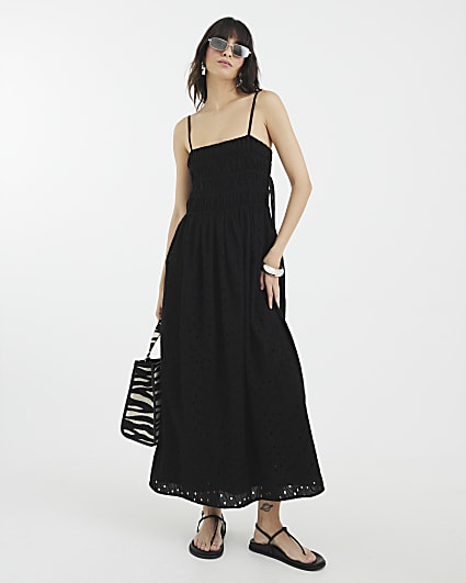 Black Broderie Tie Detail Midi Dress