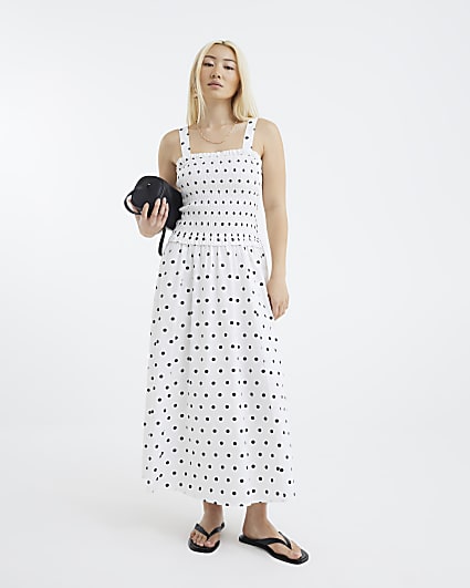 White Polka Dot Shirred Midi Dress