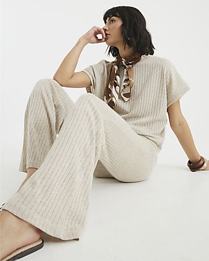 Gold Knit Ribbed Wide Leg Trousers