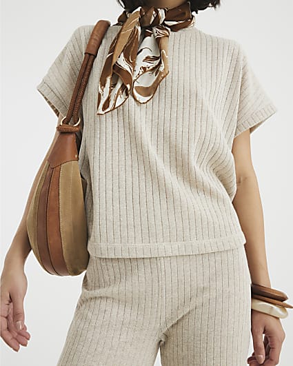 Gold Short Sleeve Knit Ribbed T-shirt