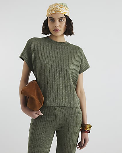 Khaki Short Sleeve Glitter Ribbed T-shirt