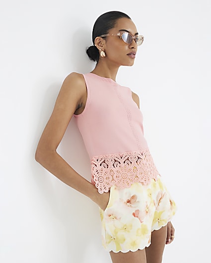Pink Lace Trim Knitted Tank Top
