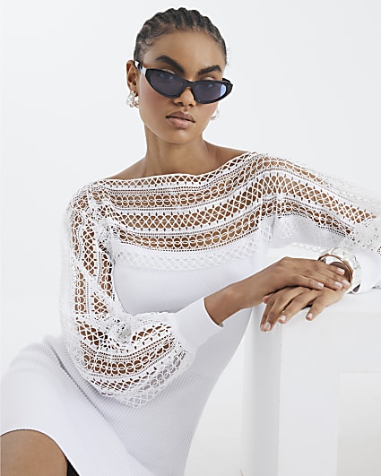 White Lace Detail Knit Mini Jumper Dress