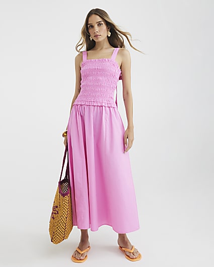 Pink Shirred Midi Dress