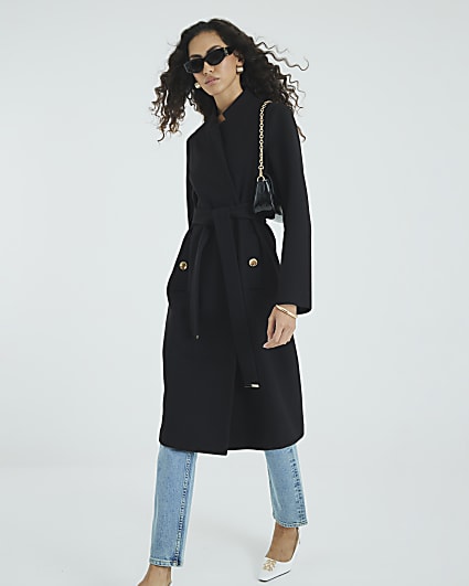 Black Notch Collar Belted Wrap Coat