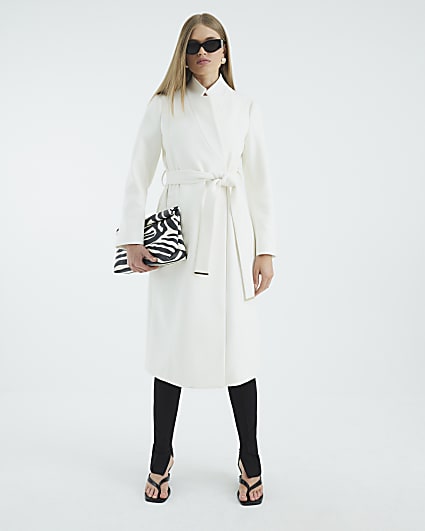 Cream Notch Collar Belted Wrap Coat