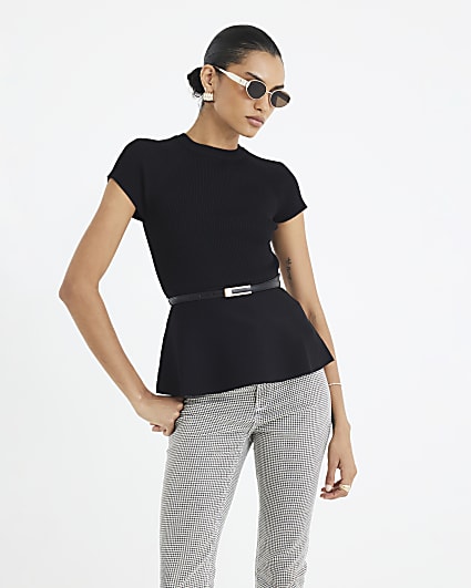 Black Knit Belted Peplum Top