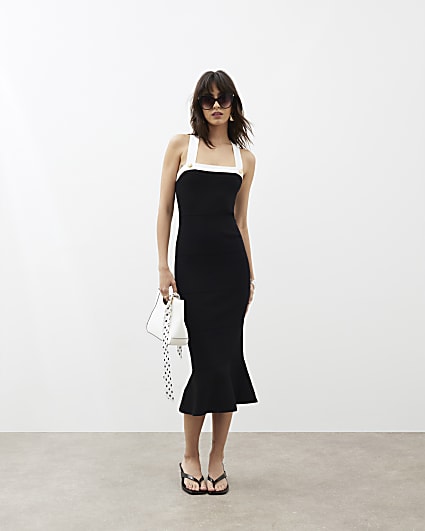 Black Knit Peplum Hem Midi Dress