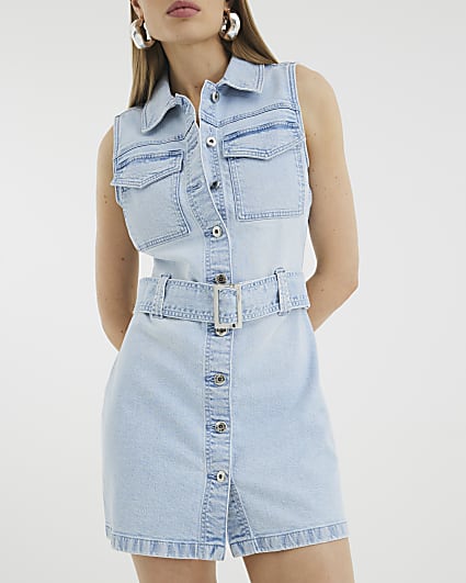 Blue Denim Sleeveless Belted Mini Shirt Dress
