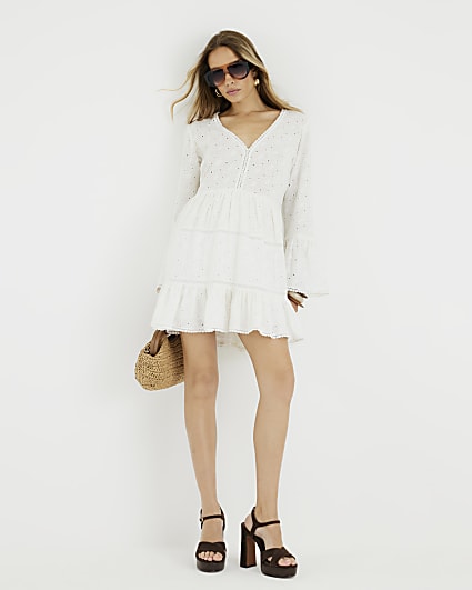 Cream Broderie Long Sleeve Mini Dress