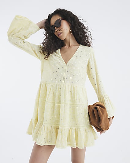 Yellow Broderie Long Sleeve Mini Dress