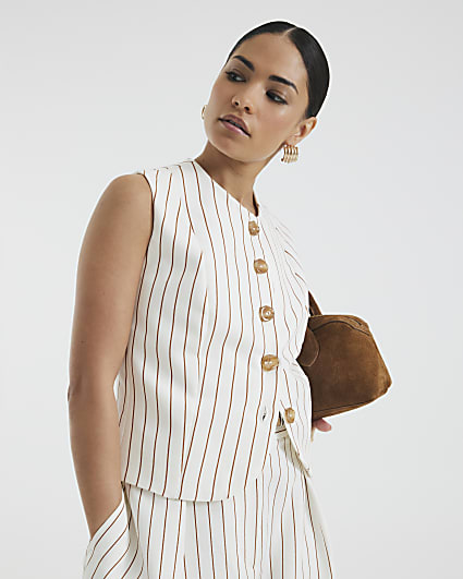 Petite White Striped Linen Fitted Waistcoat