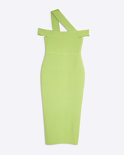 Petite Green Bardot Asymmetric Midi Dress