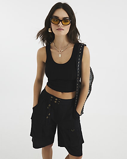 Black Sleeveless Wide Ribbed Crop Top