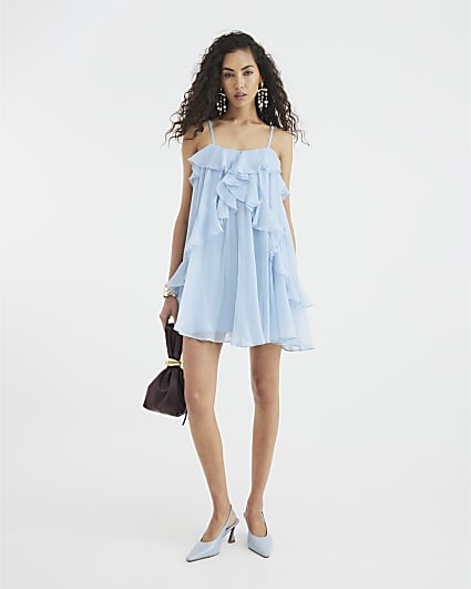 Blue Chiffon Ruffle Mini Shift Dress
