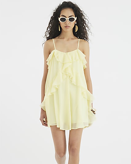 Yellow Chiffon Ruffle Mini Shift Dress