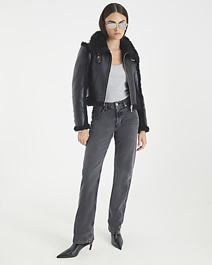 Black Faux Shearling Seam Aviator Jacket
