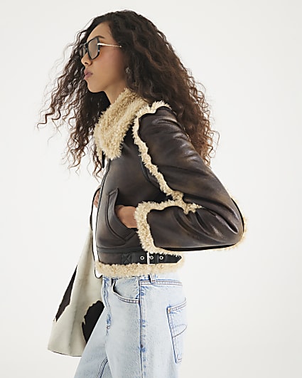 Brown Faux Shearling Seam Aviator Jacket