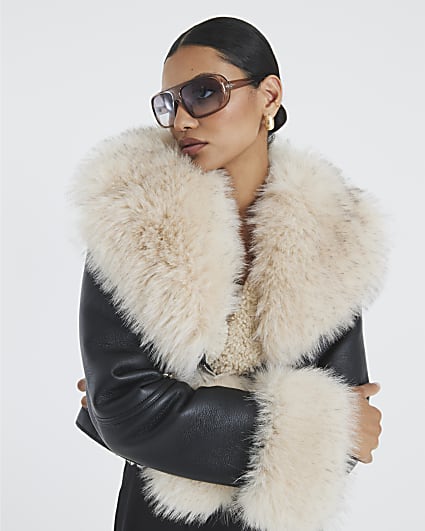 Black Faux Fur Faux Leather Biker Jacket
