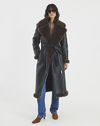 Black Faux Shearling Lined Belted Trench Coat