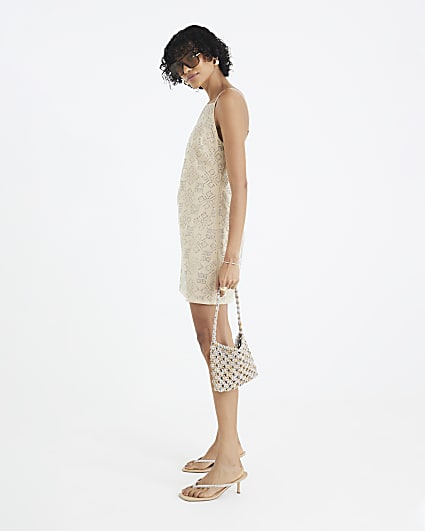 Beige Sleeveless Embellished Mini Dress