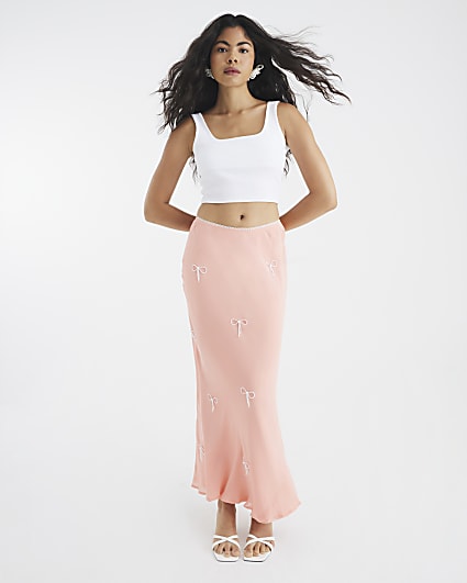 Orange Bow Embellished Midi Skirt