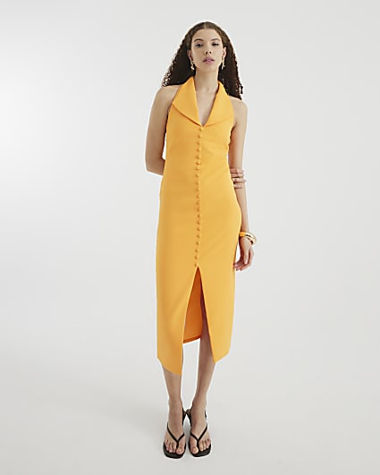 Orange Halter Neck Waistcoat Midi Dress