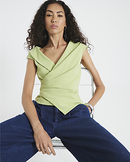 Green Sleeveless Drape Wrap Lapel Top