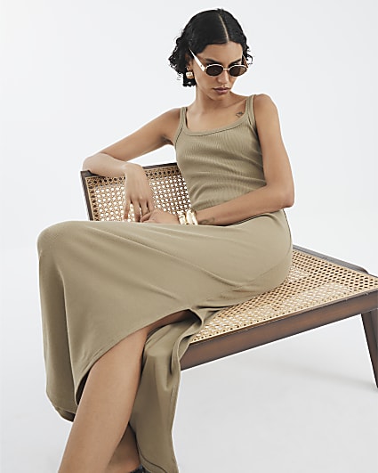Khaki Sleeveless Ribbed Cami Midi Dress