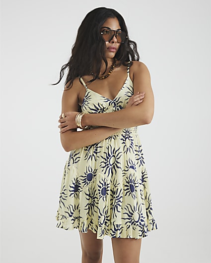 Cream Sun Print Frill Mini Dress