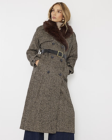 Brown Faux Fur Collar Herringbone Trench Coat