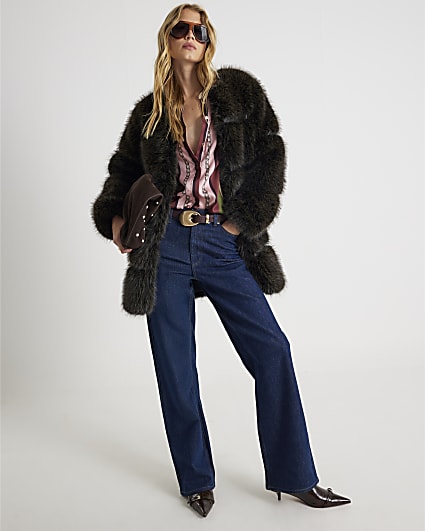 Brown Faux Fur Panelled Coat