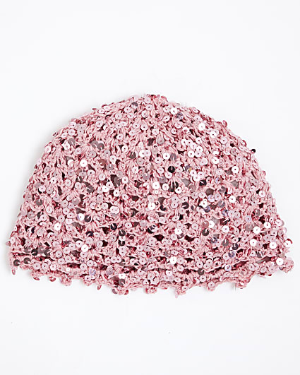 Pink Crochet Sequin Skull Cap