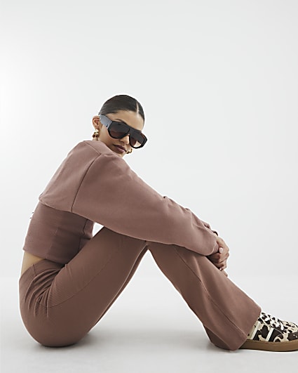 Brown High Waisted Ribbed Flare Leggings