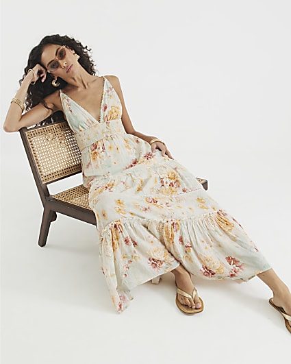 Blue Floral Shirred Maxi Beach Dress