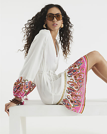 Cream Paisley Print Beach Shirt Mini Dress