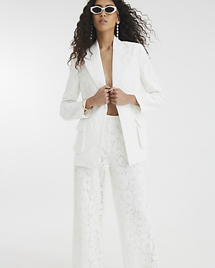 White Lace Wide Leg Tailored Trousers