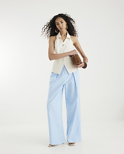 Blue Linen Blend Wide Leg Trousers