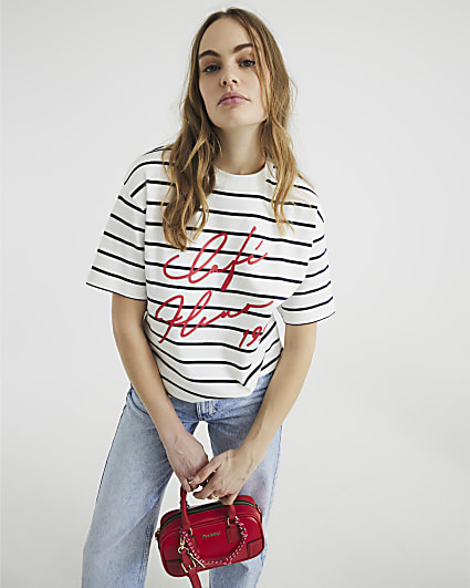 White Short Sleeve Cafe Fleur Stripe T-Shirt