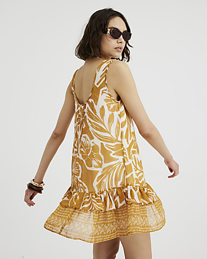 Orange Sleeveless Floral Print Mini Dress