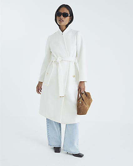 Petite Cream Notch Collar Belted Wrap Coat