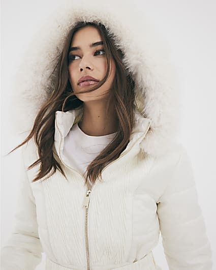 Cream Slim Faux Fur Hooded Padded Coat