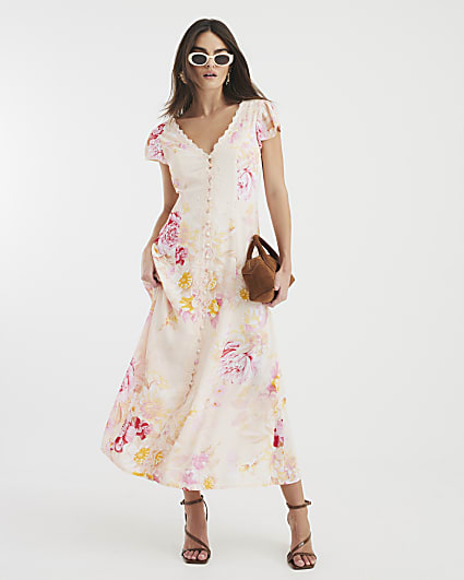 Pink Angel Sleeve Floral Midi Dress