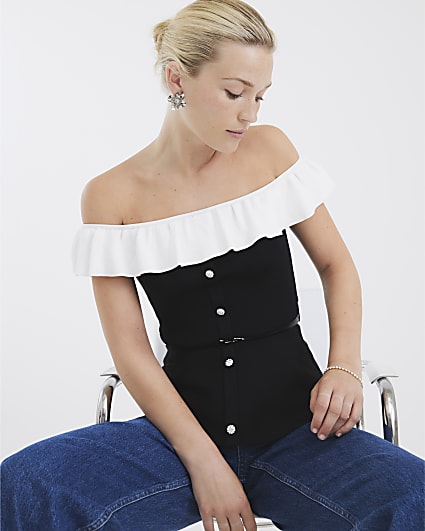 Black Knit Peplum Bardot Top